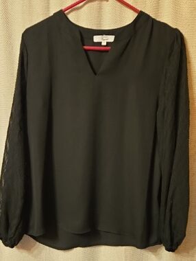 Black V-Notch Long-Sleeve Blouse